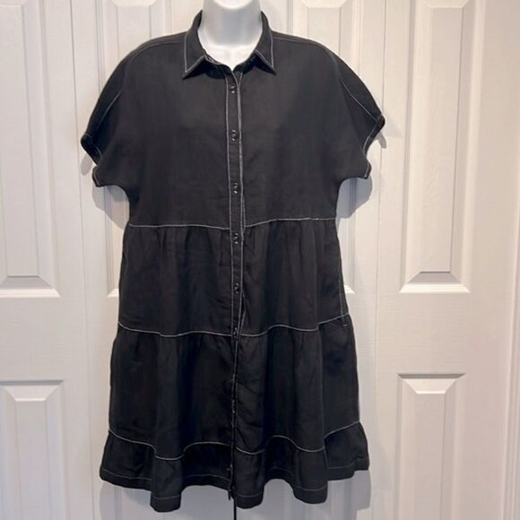 Cynthia Rowley Black Linen Short Sleeve Boho Dress Size S (fits oversized) - Picture 1 of 13